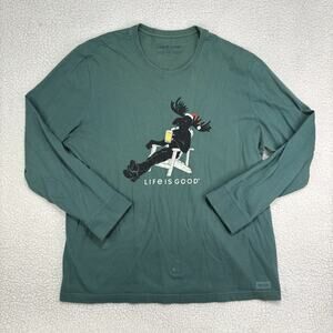 Life Is Good Crusher Tee Mens XXL Moose Beer Santa Hat Long Sleeve Christmas